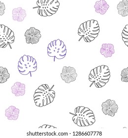 Dark Purple vector seamless natural artwork with flowers, leaves. Leaves and flowers with gradient on white background. Pattern for trendy fabric, wallpapers.