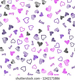 Dark Purple vector seamless pattern with phrase LOVE YOU, hearts. Design in doodle style with text LOVE YOU, hearts. Texture for window blinds, curtains.