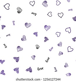 Dark Purple vector seamless pattern with phrase LOVE YOU, hearts. Illustration with words of love, hearts in abstract style. Texture for window blinds, curtains.