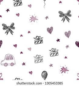 Dark Purple vector seamless pattern with christmas toys. Colorful illustration with a toy car, heart, baloon, tulip, candy, ball. Template for new year postcards.