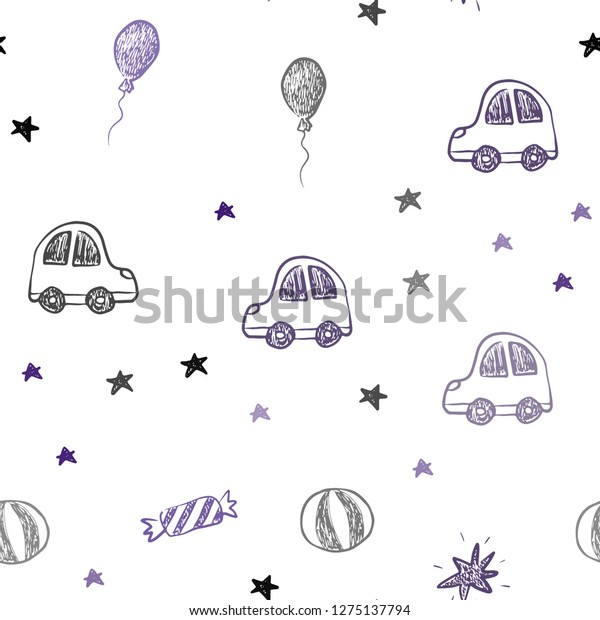 Dark Purple vector seamless pattern\
in christmas style. Colorful illustration with a toy car, baloon,\
candy, star, ball. Design for colorful\
commercials.
