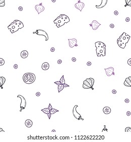 Dark Purple vector seamless template with organic meal. Decorative shining illustration with food on abstract template. Doodle design for your business advert of cafes.
