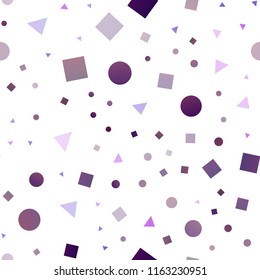 Dark Purple vector seamless template with crystals, circles, squares. Abstract illustration with colorful dots, lines, cubes. Design for textile, fabric, wallpapers.