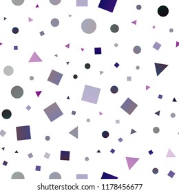 Dark Purple vector seamless template with crystals, circles, squares. Illustration with set of colorful circles, triangles, squares. Design for textile, fabric, wallpapers.