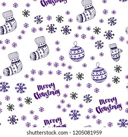 Dark Purple vector seamless template with ice snowflakes, balls, socks, mittens. Colorful illustration with xmas symbols. Texture for window blinds, curtains.