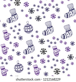 Dark Purple vector seamless template with ice snowflakes, balls, socks, mittens. Shining colorful illustration in christmas style. Design for wallpaper, fabric makers.
