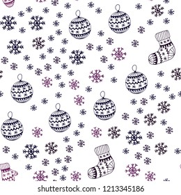 Dark Purple vector seamless template with ice snowflakes, balls, socks, mittens. Glitter abstract illustration with gradient. Pattern for design of fabric, wallpapers.