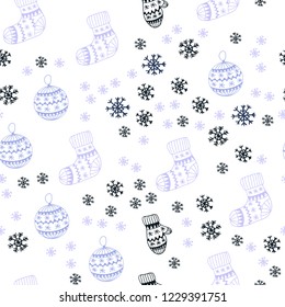 Dark Purple vector seamless template with ice snowflakes, balls, socks, mittens. Colorful xmas elements with gradient. Template for business cards, websites.