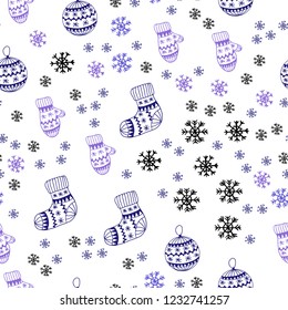 Dark Purple vector seamless template with ice snowflakes, balls, socks, mittens. Shining colorful illustration in christmas style. Template for business cards, websites.