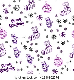 Dark Purple vector seamless template with ice snowflakes, balls, socks, mittens. Colorful illustration with xmas symbols. Pattern for design of fabric, wallpapers.