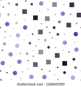 Dark Purple vector seamless template with spots, rectangles. Decorative design in abstract style with circles, rectangles. Pattern for trendy fabric, wallpapers.