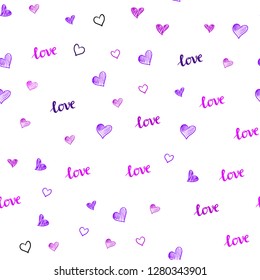 Dark Purple vector seamless template with text LOVE YOU, hearts. Romantic illustration with colorful phrase LOVE YOU, hearts. Pattern for trendy fabric, wallpapers.