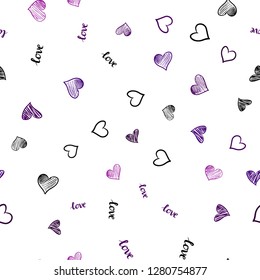 Dark Purple vector seamless template with text LOVE YOU, hearts. Romantic illustration with colorful phrase LOVE YOU, hearts. Texture for window blinds, curtains.