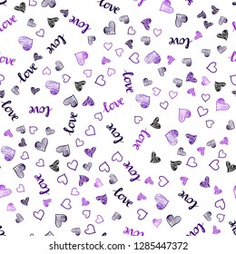Dark Purple vector seamless template with text LOVE YOU, hearts. Colorful gradient phrase LOVE YOU, hearts in abstract style. Texture for window blinds, curtains.
