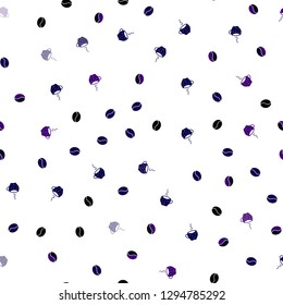 Dark Purple vector seamless template with cups of coffee, beans. Gradient illustration with set of mugs, beans. Pattern for ads of breakfast, lunch, dinner.