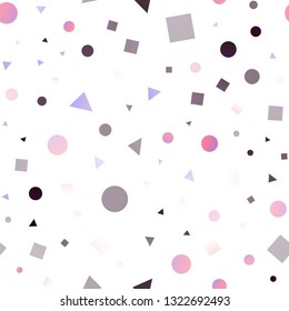 Dark Purple vector seamless template with crystals, circles, squares. Illustration with set of colorful circles, triangles, squares. Pattern for trendy fabric, wallpapers.