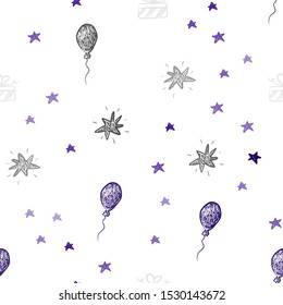 Dark Purple vector seamless template in carnival style. Colorful illustration with a toy car, baloon, candy, star, ball. Pattern for new year ads.