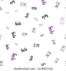 Dark Purple vector seamless texture with selling prices 30%. Shining colorful illustration with isolated selling prices. Pattern for ads, posters, banners of sales.