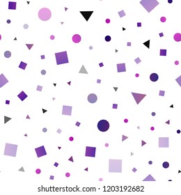 Dark Purple vector seamless texture in poly style with circles, cubes. Glitter abstract illustration with spheres, squares, lines. Design for textile, fabric, wallpapers.