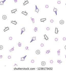Dark Purple vector seamless texture with delicious snacks. Glitter abstract sketch with gourmet food. Design for ad, poster, banner of cafes or restaurants.
