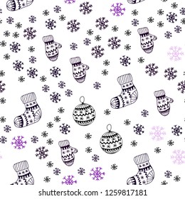 Dark Purple vector seamless texture with colored snowflakes, balls, socks, mittens. Colorful illustration with xmas symbols. Template for business cards, websites.
