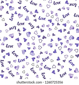 Dark Purple vector seamless texture with words LOVE YOU, hearts. Romantic illustration with colorful phrase LOVE YOU, hearts. Pattern for trendy fabric, wallpapers.