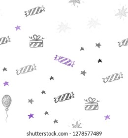 Dark Purple vector seamless texture in birthday style. Illustration with a gradient toy car, baloon, candy, star, ball. Design for colorful commercials.