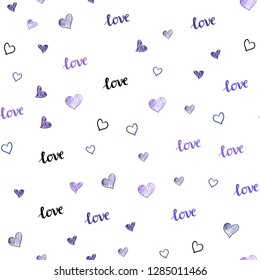 Dark Purple vector seamless texture with words LOVE YOU, hearts. Design in doodle style with text LOVE YOU, hearts. Pattern for design of fabric, wallpapers.