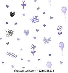 Dark Purple vector seamless texture in birthday style. Colorful illustration with aheart, baloon, candy, gift, star, ribbon. Pattern for new year ads.
