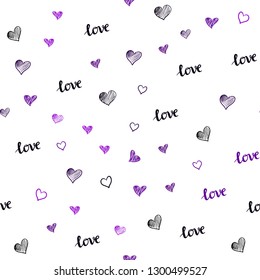 Dark Purple vector seamless texture with words LOVE YOU, hearts. Romantic illustration with colorful phrase LOVE YOU, hearts. Texture for window blinds, curtains.