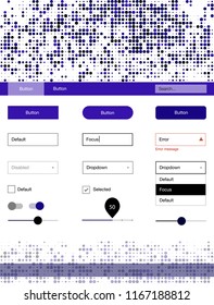 Dark Purple vector style guide with circles. Simple Material Design Kit with colorful dots in header. Simple colorful design for websites.