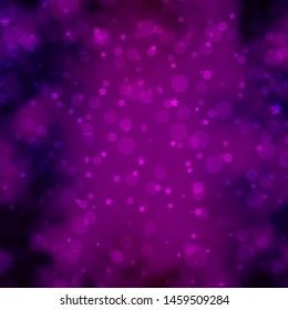 Dark Purple vector template with circles, stars. Glitter abstract illustration with colorful drops, stars. Pattern for trendy fabric, wallpapers.