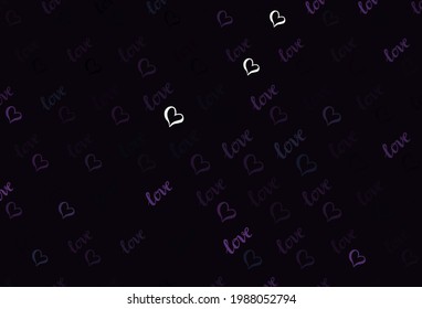 Plantilla de vector púrpura oscuro con corazones garabatos. Ilustración con formas de corazones gradientes sobre fondo borroso. Patrón de regalos de matrimonio, felicitaciones.