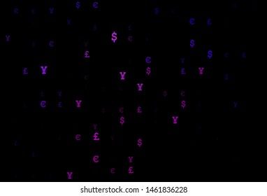 Dark Purple vector template with EUR, JPY, GBP. Blurred design in with symbols of EUR, JPY, GBP. The pattern can be used as ads, poster, banner for payments.