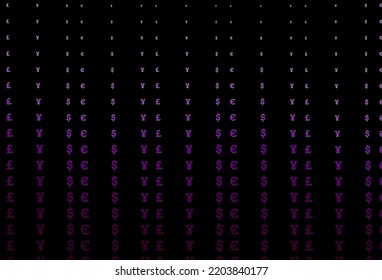 Plantilla de vector púrpura oscuro con EUR, USD, GBP, JPY. Ilustración abstracta moderna con símbolos de dinero. El patrón se puede usar para anuncios, folletos, folletos de bancos.