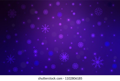 Dark Purple vector template with ice snowflakes. Snow on blurred abstract background with gradient. The pattern can be used for new year leaflets.
