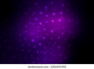 Plantilla de vector púrpura oscuro con copos de nieve, estrellas. Ilustración coloreada degradada con nieve al estilo navideño. Parte básica de los folletos de Año Nuevo.