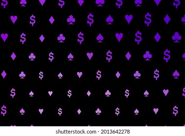 Dark purple vector template with poker symbols. Glitter abstract sketch with isolated symbols of playing cards. Smart design for your business advert of casinos.