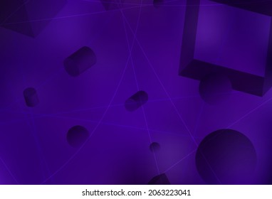 Dark Purple vector texture with 3D cubes, cylinders, spheres, rectangles. Illustration with a set of geometrical shapes. Base for booklets, leaflets