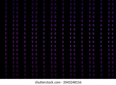 Dark purple vector texture with financial symbols. Shining colored illustration with dollar, USD, usa signs. The pattern can be used for ad, booklets, leaflets of banks.