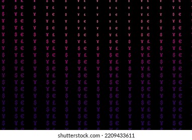 Textura de vector púrpura oscuro con símbolos financieros. Símbolos coloreados de todas las divisas sobre fondo blanco. El patrón se puede usar para sitios web de inversión financiera.