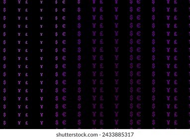 Textura vectorial púrpura oscuro con símbolos financieros. Símbolos coloreados de todas las monedas sobre fondo blanco. El patrón se puede utilizar para anuncios, folletos, folletos de bancos.