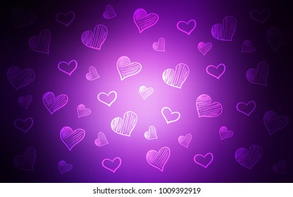 Dark Purple vector texture with lovely hearts. Glitter abstract illustration with colorful hearts in romantic style. Pattern for carnival, festival romantic leaflets.