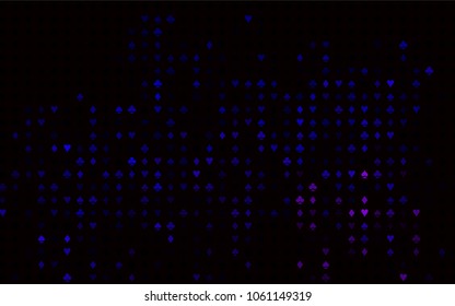 Dark Purple vector texture with playing cards. Colorful gradient with signs of hearts, spades, clubs, diamonds. Design for ad, poster, banner of gambling websites.