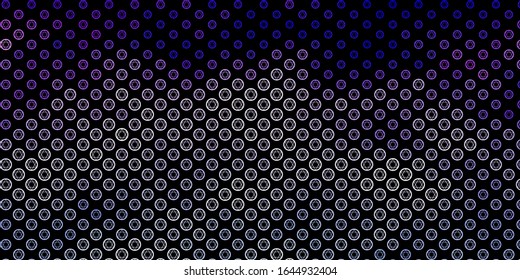 Dark Purple vector texture with religion symbols. Colorful vintage illustration with gradient alchemy shapes. Background for esoteric, mystic designs.