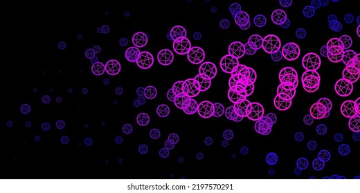 Textura vector púrpura oscura con símbolos religiosos. Ilustración vintage colorida con formas de alquimia de degradado. Diseño sencillo para la representación oculta.