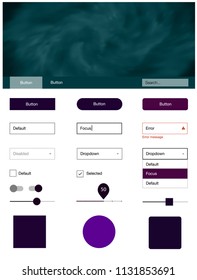 Dark Purple vector ui kit with clouds & stars. Modern Style guide with colorful gradient sky in its header. Beautiful layout for websites, landing pages.