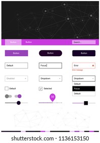 Dark Purple vector ui ux kit in triangular style with circles. Web ui kit with abstract triangles, circles in its header. This template you can use for landing pages.