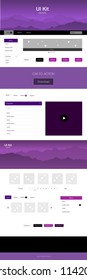 Dark Purple vector ui ux kit with hills and rocks. Web ui kit with abstract gradient hills in its header. Template for landing pages of leisure.