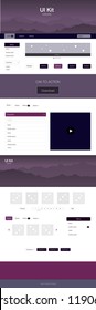 Dark Purple vector web ui kit with mountains. Colorful ui/ux kit with header consisted of hills & rocks. Template for website of outdoor activities.